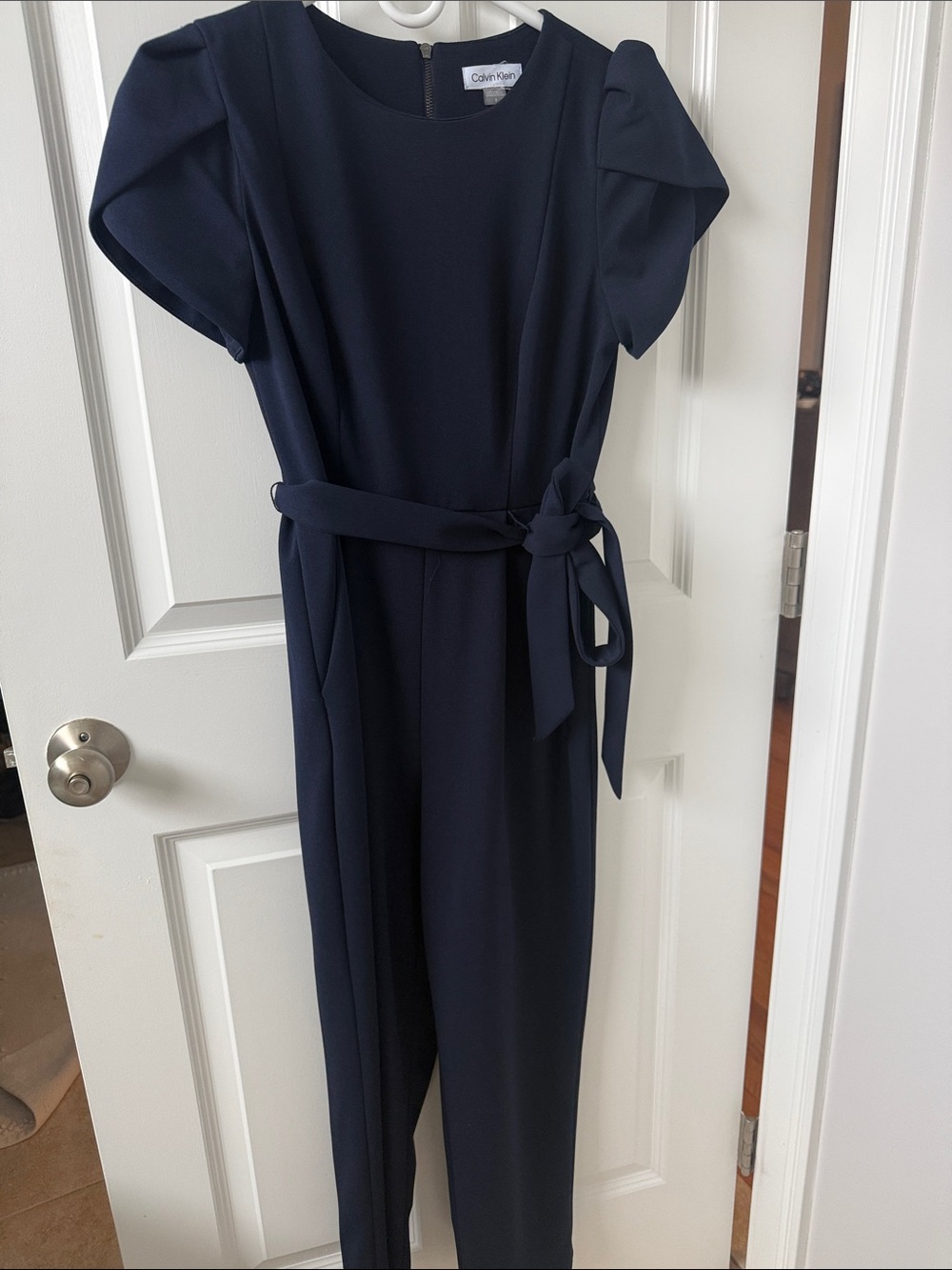 Calvin Klein Navy Short-Sleeve Belted Jumpsuit with Tie Waist
